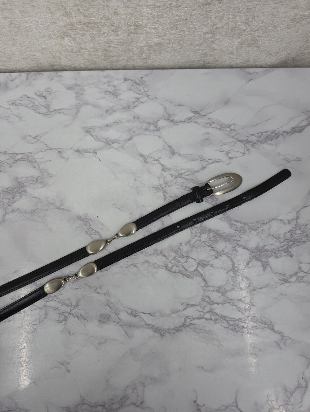 Vintage Sleek Black Leather Belt Hinged Strap Silver Steel Toned Buckle Hardware